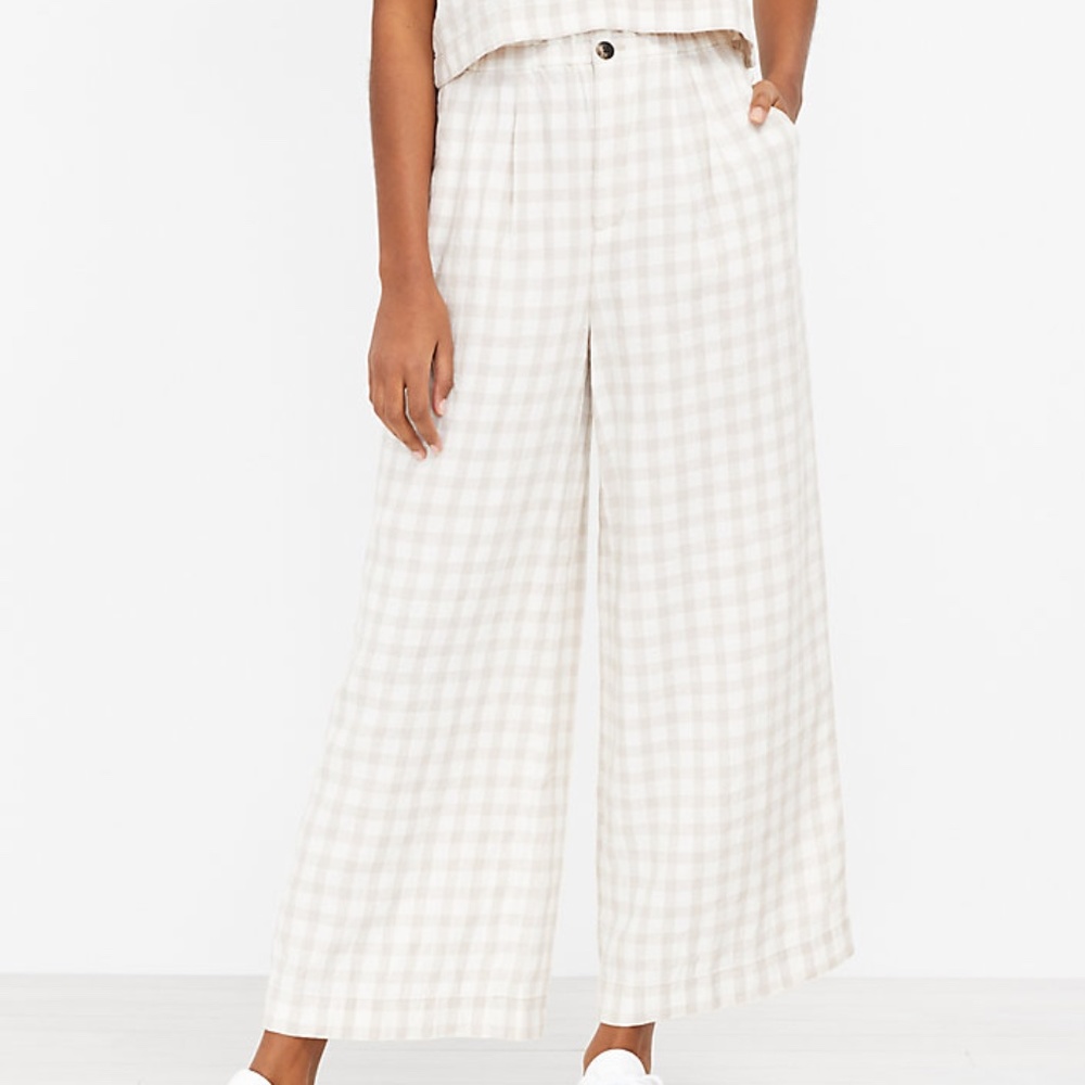 Lou & Grey Gingham Linen Wide Leg Pants Light Pebble